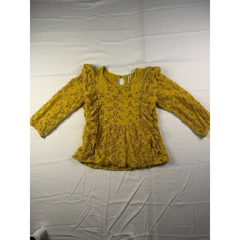 Anthropologie Blouse Womens Size 0 Lace Long Sleeve Yellow Ruffle Crew Neck